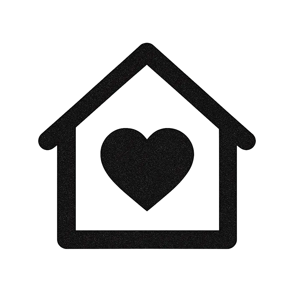 A logo featuring a house silhouette with a heart inside, representing real estate and home love.