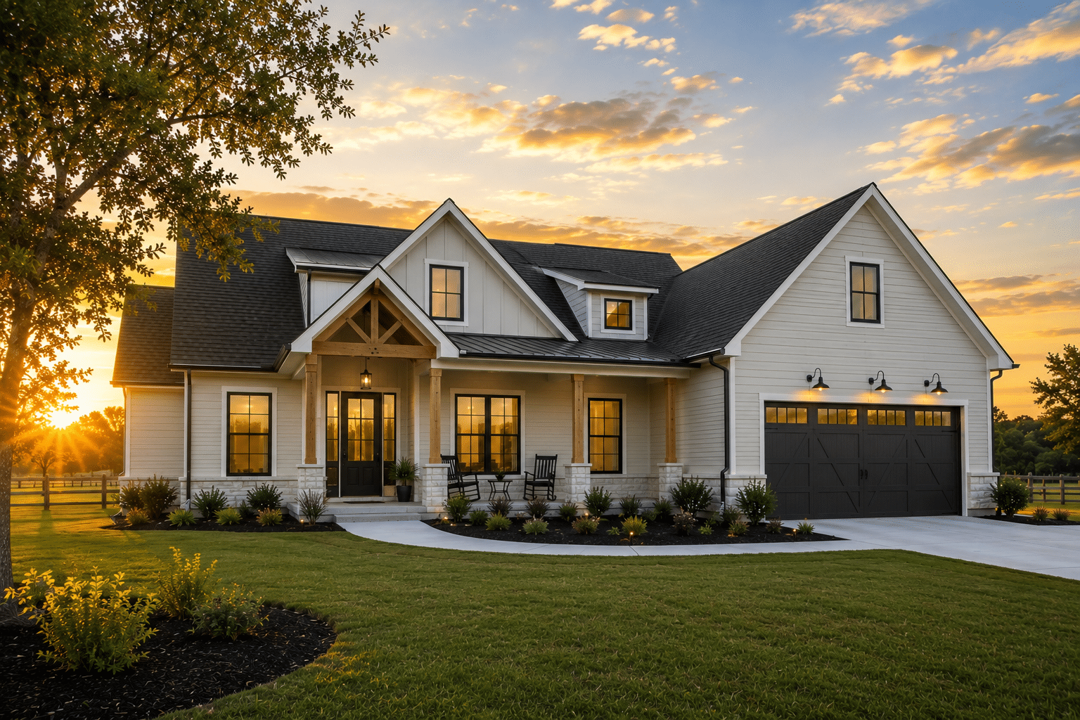 White-and-stone modern farmhouse illuminated at sunset