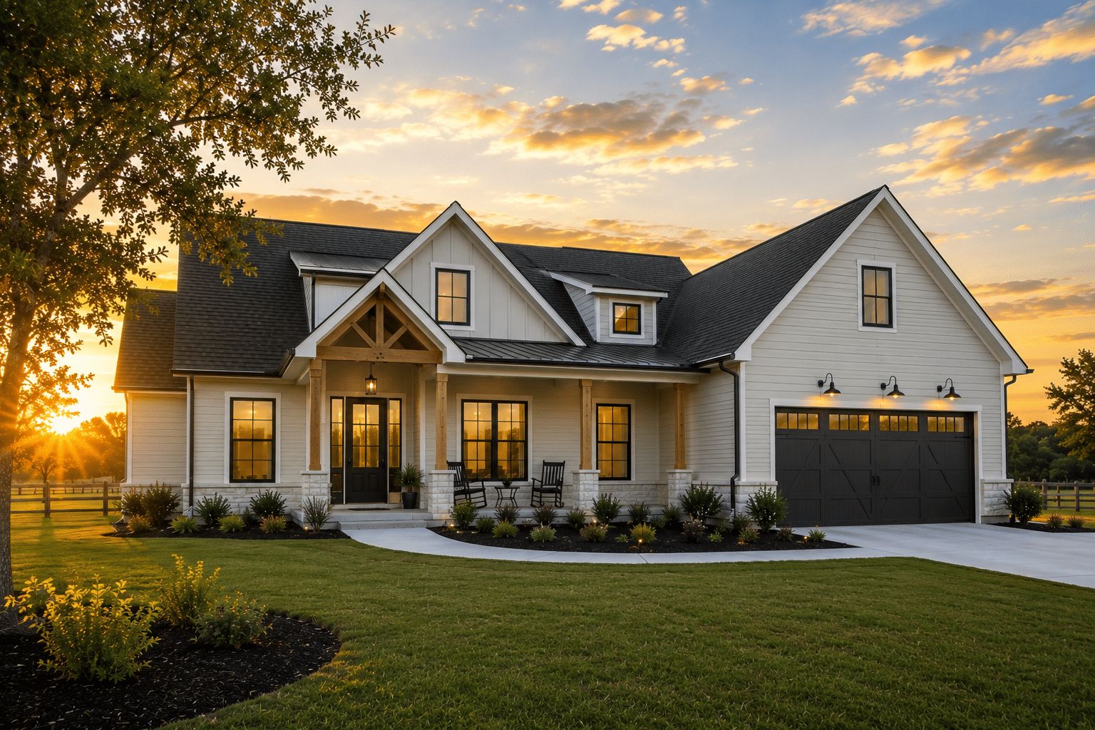 White farmhouse-style home with a dark roof, covered front porch, black two-car garage door and landscaped lawn at sunset