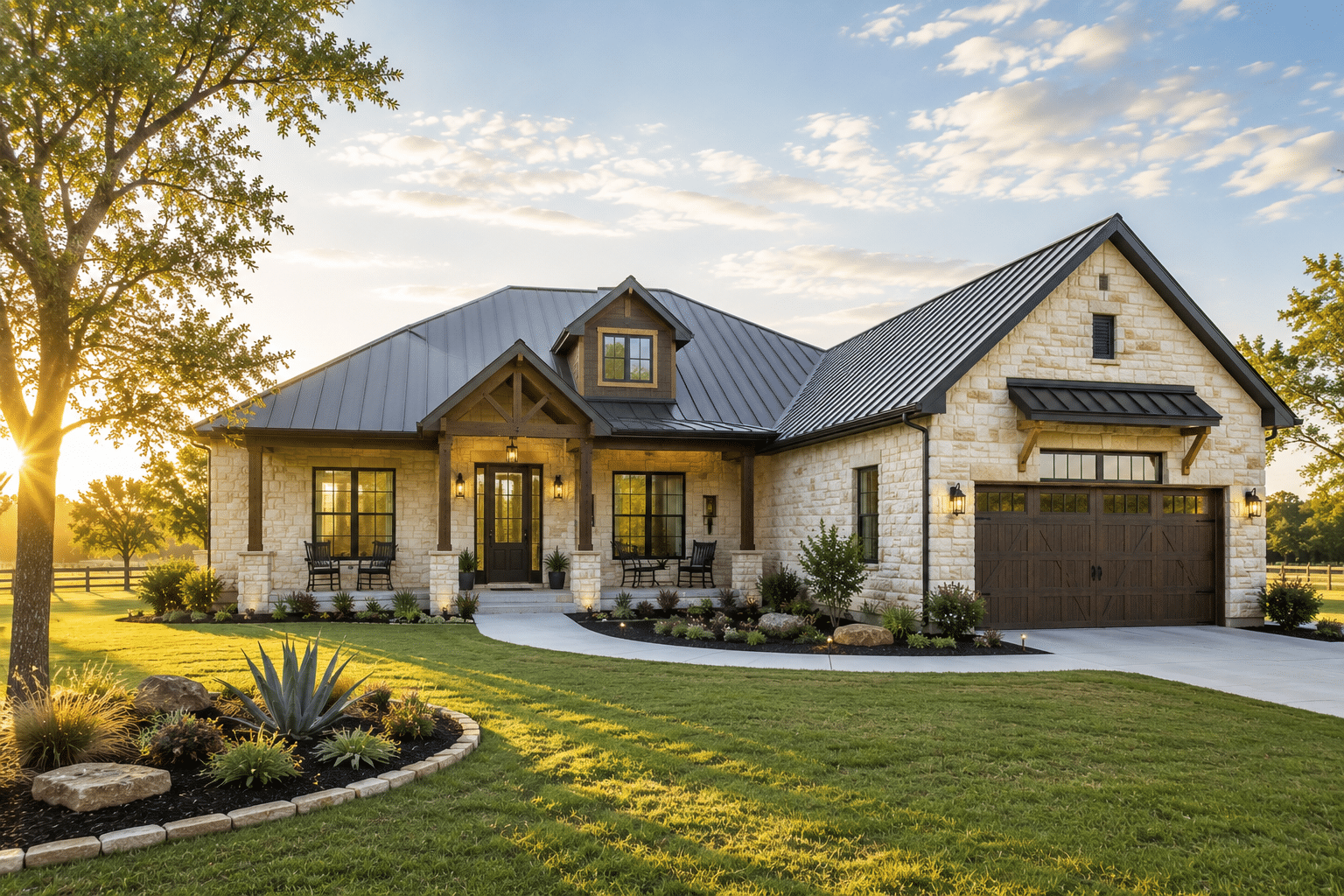 Stone and white Texas Hill Country farmhouse with a wood garage door in morning light