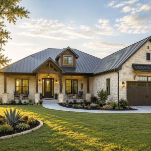 Stone and white Texas Hill Country farmhouse with a wood garage door in morning light
