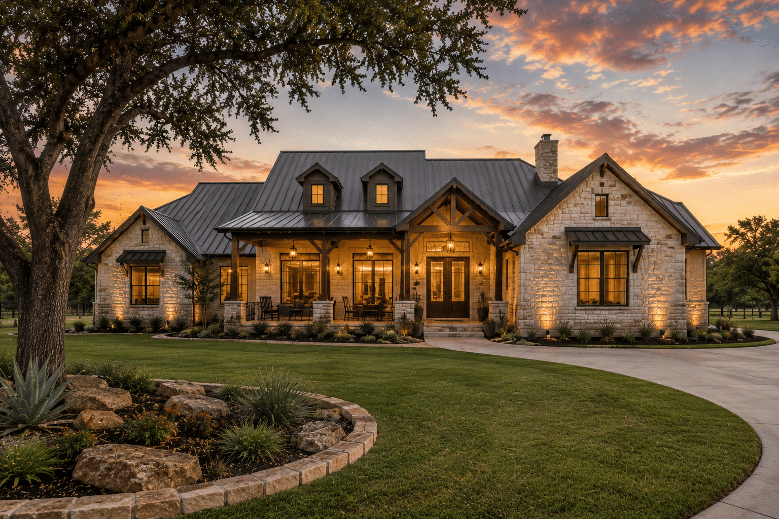 Stone-and-board-and-batten Hill Country home illuminated at dusk