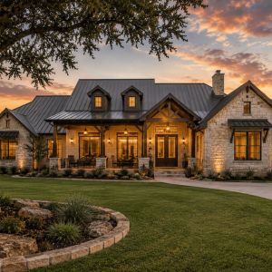 Stone-and-board-and-batten Hill Country home illuminated at dusk